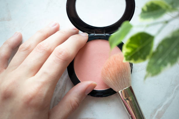 Female hand holding opened blush powder and brush in interior Female hand holding opened blush powder and brush in interior. Top view, Close-up, make-up concept pale pink stock pictures, royalty-free photos & images