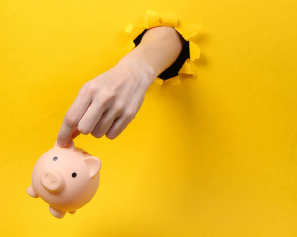 Female hand holds piggy bank through torn hole yellow paper. Concept art. Minimalism stock photo