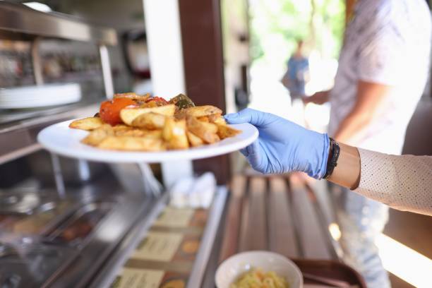 Female hand in blue medical glove hold white plate with fried potatoes and stewed vegetables. stock photo
