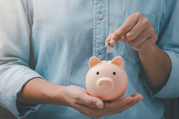 female hands puts a coin in a pink piggy bank. The concept of saving money. female hands puts a coin in a pink piggy bank. The concept of saving money. piglet stock pictures, royalty-free photos & images
