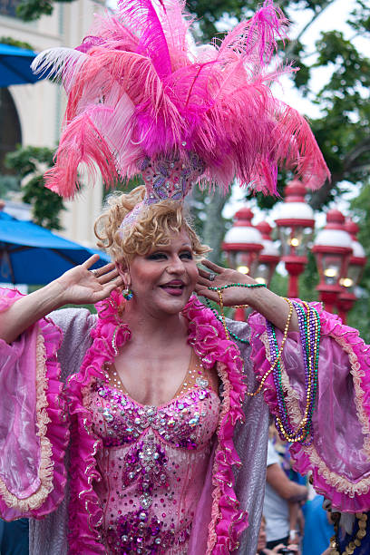 Female impersonator riding in Provincetown Carnival Parade stock photo