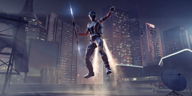 Female Jet Pack Superhero with Staff Lands On City Rooftop stock photo