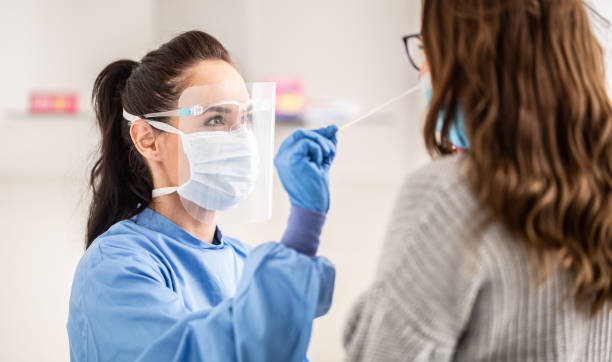 Female medical staff worker wearing protective equipment takes sample from nose of a patient to antigen test for coronavirus. stock photo