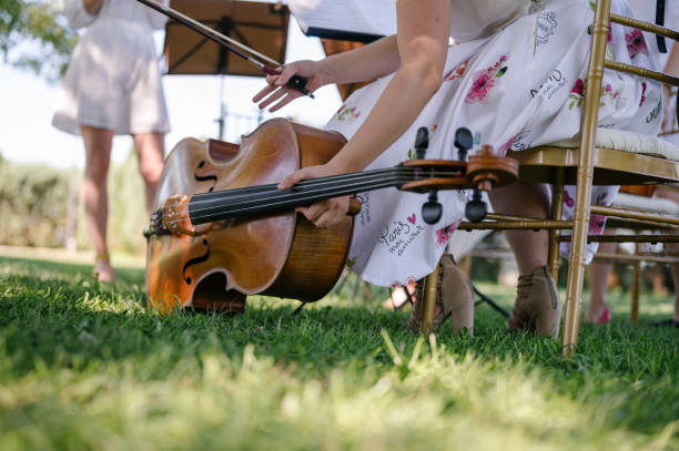 A female plays the cello with a classical orchestra at a garden party stock photo