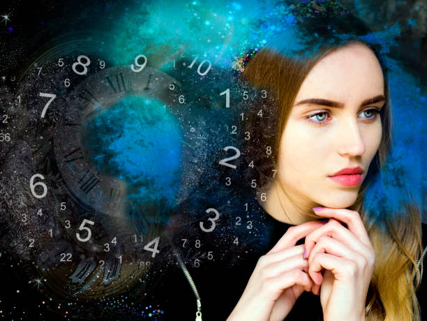 Female portrait and space numerology Female portrait and space numerology numerology stock pictures, royalty-free photos & images