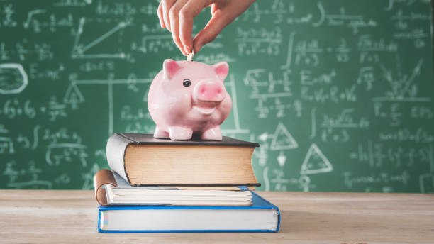female putting coin into piggy bank - teacher back to school imagens e fotografias de stock