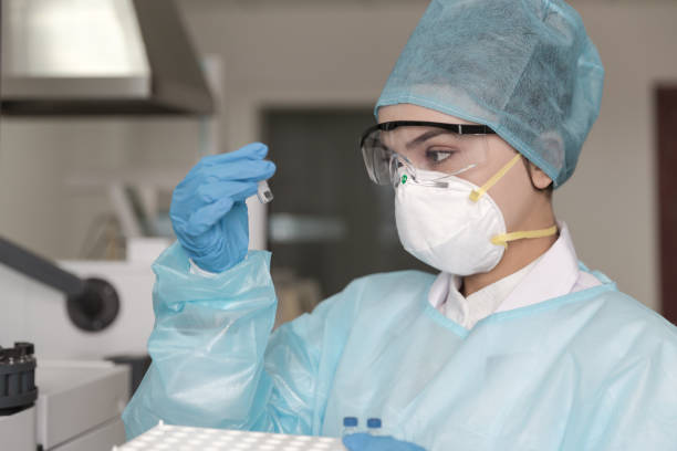 Female scientist looking at the medical samples in the laboratory. stock photo