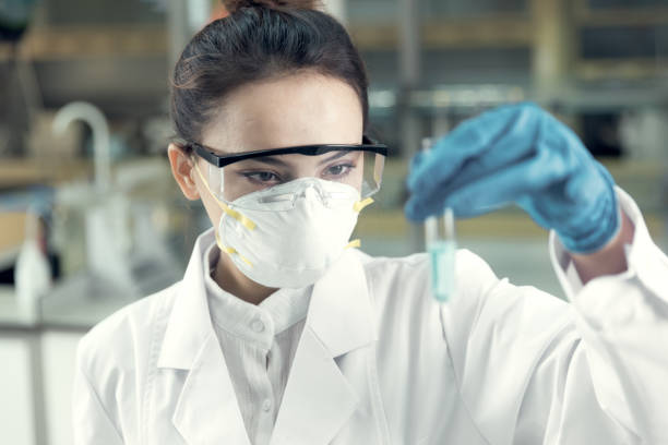Female scientist looking at the medical samples in the laboratory. stock photo