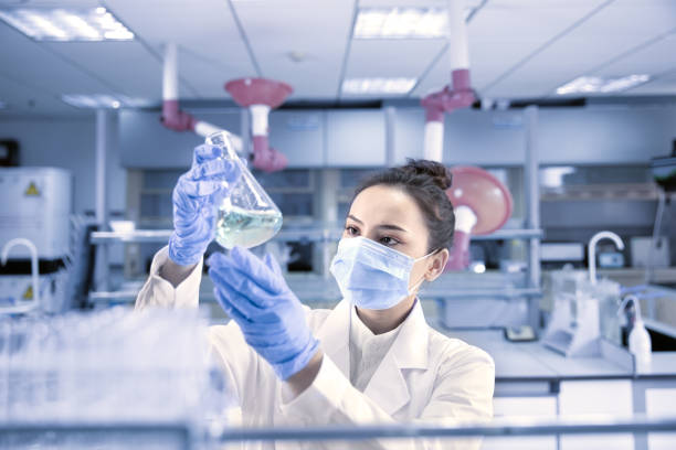 Female scientist looking at the scientific sample in the laboratory. stock photo