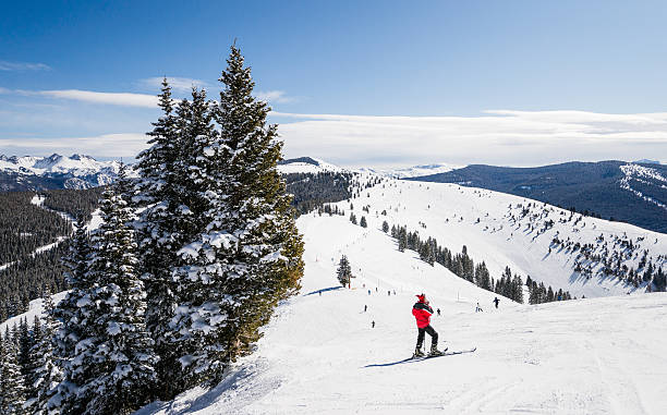 Female skier on slope looking out at Rocky Mountains stock photo