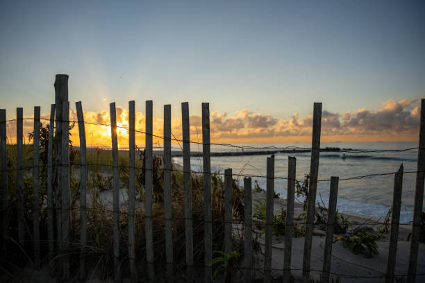 Fence on Sand Dunes at The Beach at Sunset stock photo