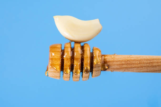 Fermented garlic honey close up on a blue background. Copy Space stock photo