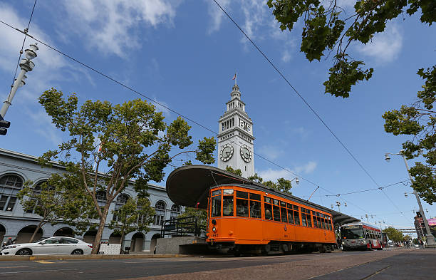 Ferry Building and Orange Trolley-San Francisco stock photo
