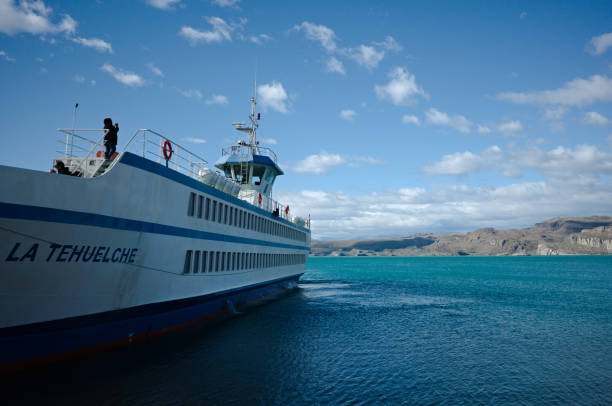 Ferry called La Tehuelche on Lago General Carrera Lake at pier of Puerto Ibanez, Chilean Patagonia stock photo