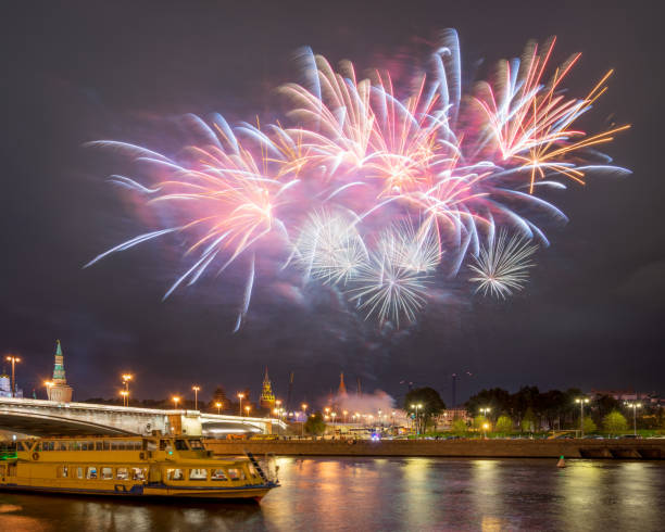 Festive fireworks over the Moscow Kremlin stock photo