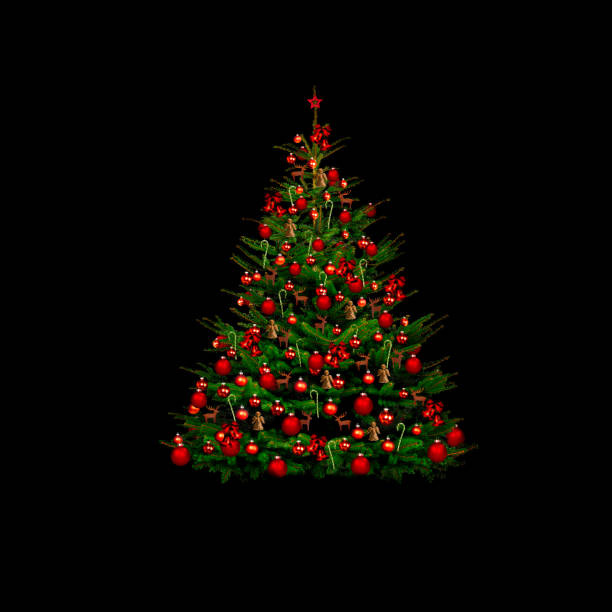 Festively decorated Christmas tree with red balls against a dark background stock photo