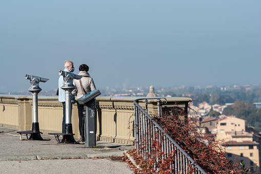 Few Florentines and no tourists on the belvedere at Piazzale Michelangiolo in Florence.