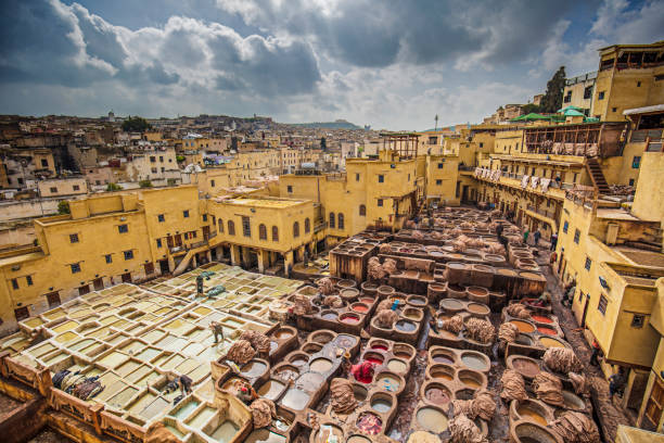 Fez Tannery Overview of the tannery in Fez, Morocco. fez morocco stock pictures, royalty-free photos & images