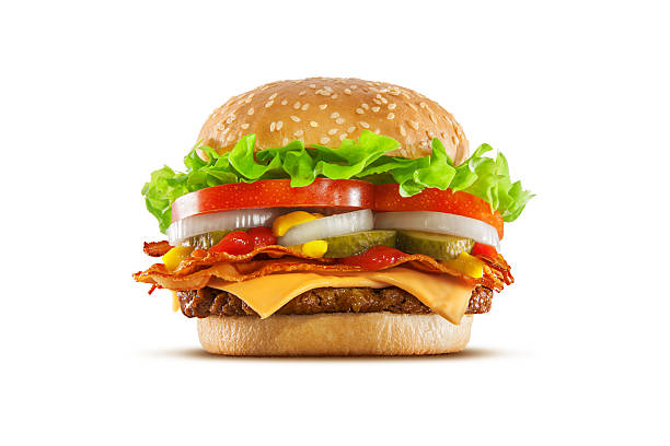 High resolution, digital capture of a double cheese cheeseburger with crispy bacon slices, American cheese, pickles, onions, tomatoes, lettuce, ketchup, and mustard, on a fresh sesame seed bun, set against a clean, white background sweep. Shot in an aspirational advertising style.