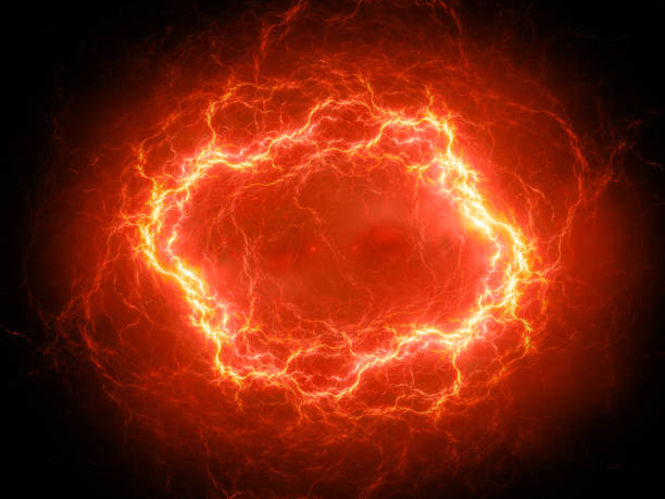 Fiery glowing spherical high energy plasma lightning in space stock photo