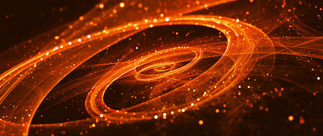 Fiery glowing spiral galaxy with stars, computer generated abstract background, 3D rendering
