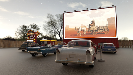 Digital render of a fifties styled drive-in movie theatre