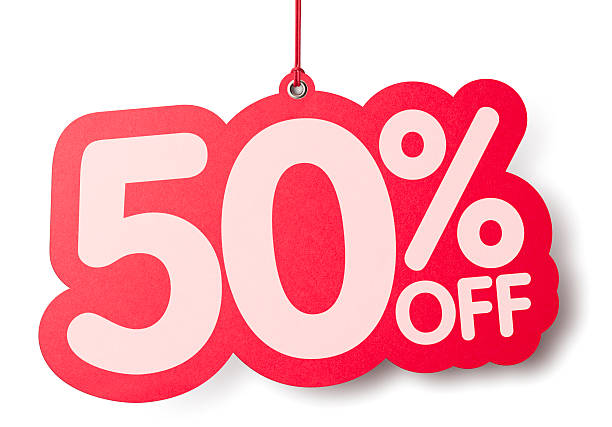 Fifty percent off shaped price label stock photo