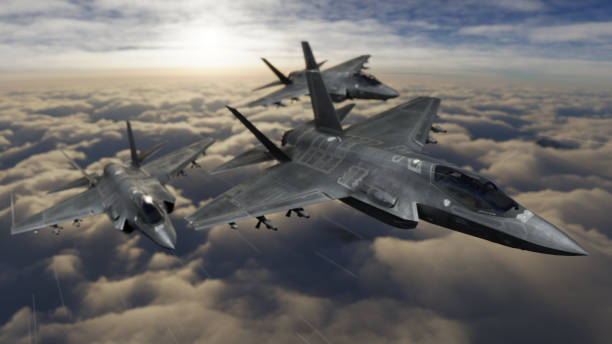 F-35 fighter jets flying together over clouds in vic formation 3d render stock photo