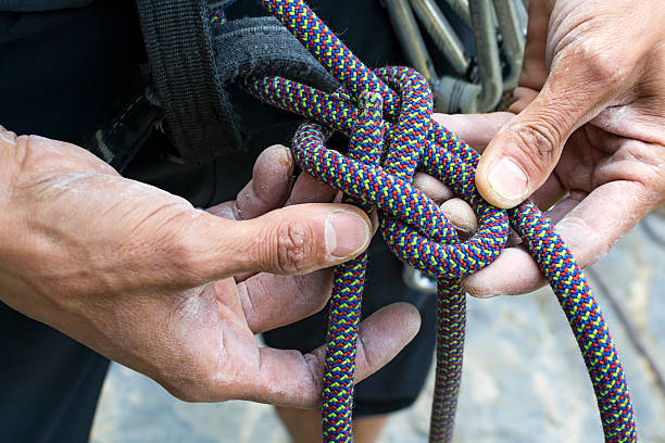 figure eight knot re-threaded mountain climber doing a figure eight knot re-threaded hands tied up stock pictures, royalty-free photos & images