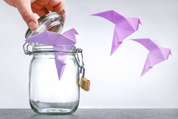 figures of paper doves flying out in its cage, peace concept stock photo