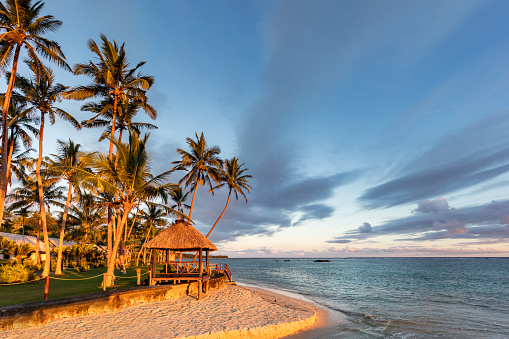 Beautiful sunset over a typical Fijian beach hut surrounded by palm trees at the coral coast beach in the south of Viti Levu, Fiji Island, Melanesia, Oceania.