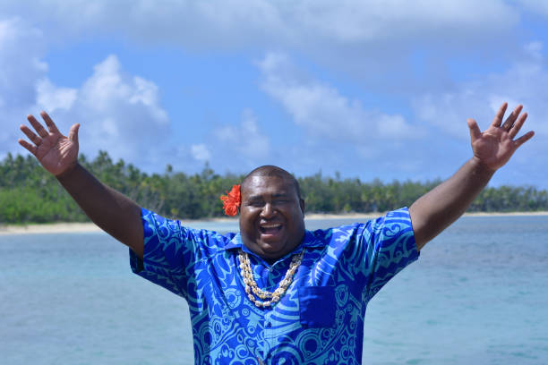 Fijian man greets hello in Fiji - Bula stock photo