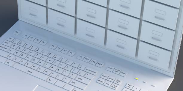 Filing archives cabinet on a laptop screen. 3d illustration stock photo