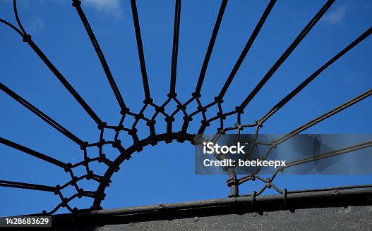 istock filling of a window, door, building with an opening in the shape of an arch. braided fitting of fine black metal wires, fan shape. twisted lattice ornaments. baroque gate to the garden 1428683629