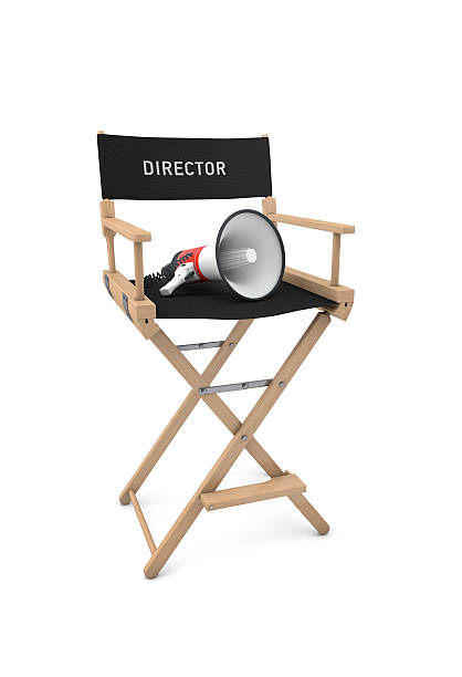 Film director's chair with megaphone isolated on white. 3D rende stock photo