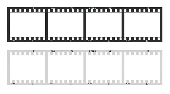 film strip template with frames, empty black and white 135 type (35mm) in negative and positive isolated on white background with work path.