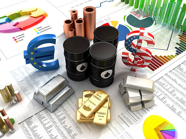Finance background "Investment tools: Dollar, Euro, precious metals; gold, silver, copper, platinum and  oil barrels placed on a fictitious finance newspaper page. (The numbers and charts are also fictitious)" oil finanace market  stock pictures, royalty-free photos & images