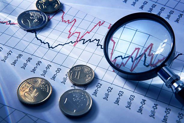 Finance: Stock Chart and Magnifying Glass More Magnifying Glasses here... Dow Futures stock pictures, royalty-free photos & images