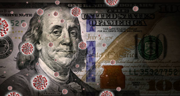 Financial and economic difficulties in pandemic time Conceptual financial crisis image of old American one hundred dollar bill and Covid-19 virus. Covid-19 virus illustration downloaded from CDC than layered and manipulated. for more information please visit Centers for Disease Control and Prevention web site: https://www.cdc.gov/media/subtopic/images.htm economic stimulus stock pictures, royalty-free photos & images