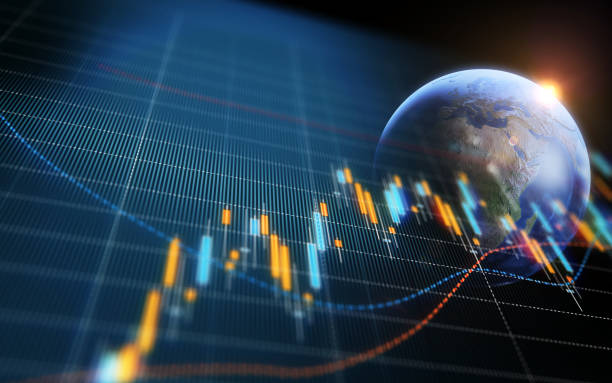 Financial and Technical Data Analysis Graph Showing Global Trends Financial data analysis graph showing global trends. Selective focus. Horizontal composition with copy space. World map is courtesy of NASA.  stock market stock pictures, royalty-free photos & images