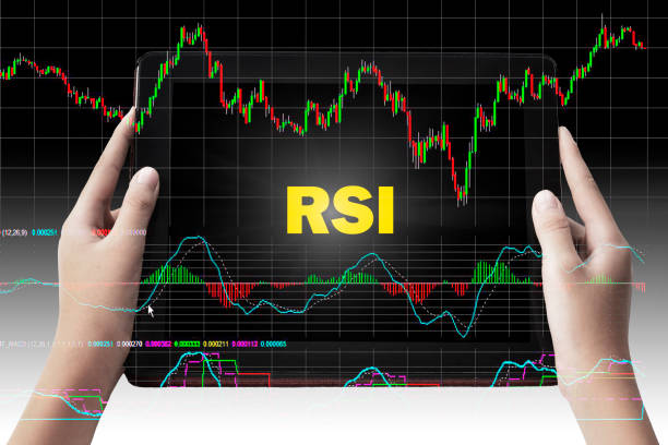 Financial Concept. Relative Strength Index " RSI" words in yellow  color on tabled in hands and black background. stock photo