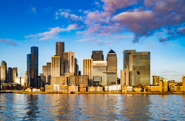 Financial District of Canary Wharf, London at First Light stock photo