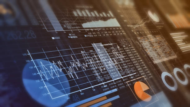financial graphs background close-up view of financial graphs, bar, circle and line charts (3d render) STOCK MARKET  stock pictures, royalty-free photos & images