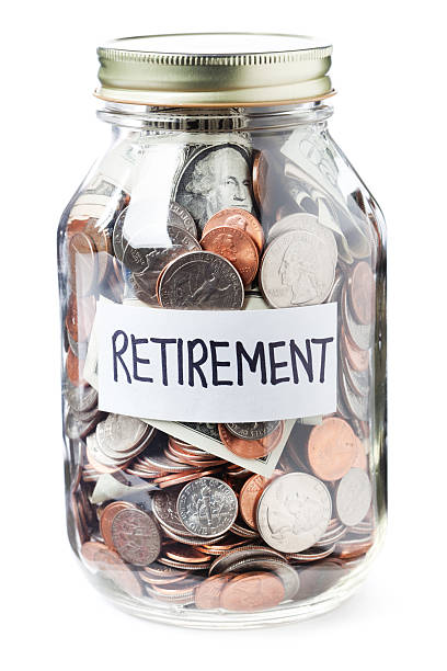 Financial Planning Retirement Money Jar on White Background stock photo