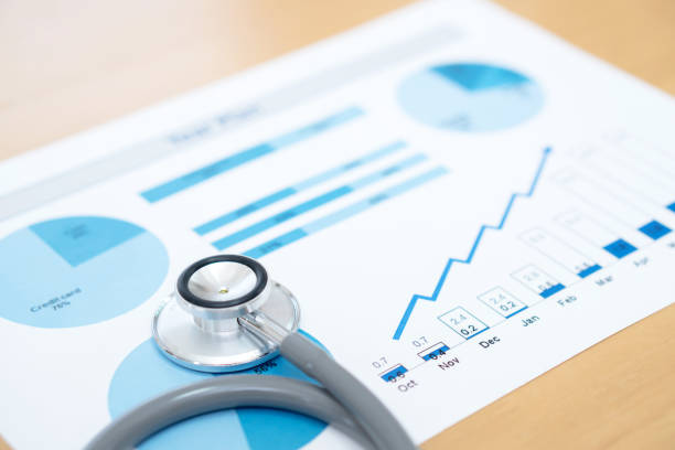 Financial report chart and calculator Medical Report and stethoscope stock photo