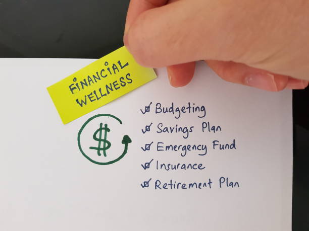 Financial Wellness. Financial Wellbeing. Tips to better manage your finance. Budgeting, Savings Plan, Emergency Fund, Insurance and Retirement Plan stock photo