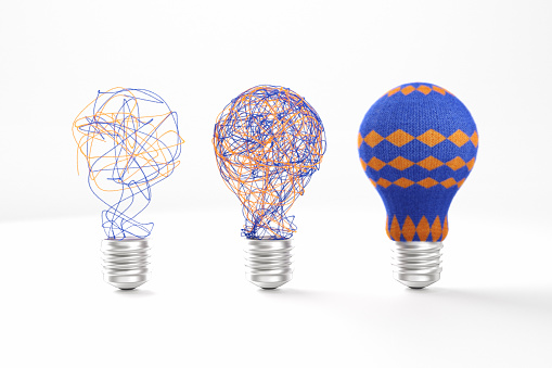 Three light bulbs made wool threats,  visualization for solutions and progress, CGI.