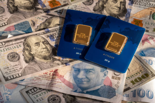 Fine gold ingots over Turkish Lira and American US-Dollar money banknotes stock photo
