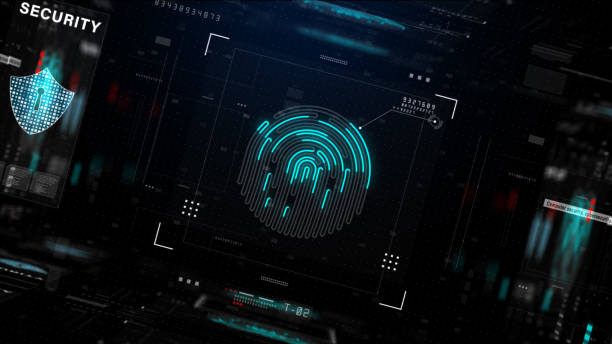 Fingerprint scanning for secure access, Cybersecurity technology data network, Global network internet connection security concept, futuristic abstract background. stock photo