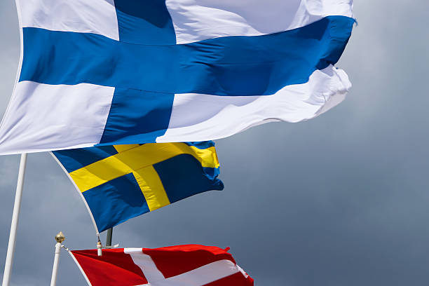 Finland, Sweden and Denmark flags Finland, Sweden and Denmark flags. Malmö, Sweden swedish flag photos stock pictures, royalty-free photos & images